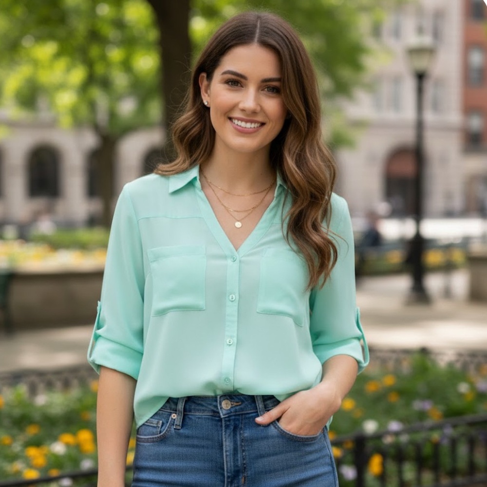 Express Light Green Button-Down Blouse